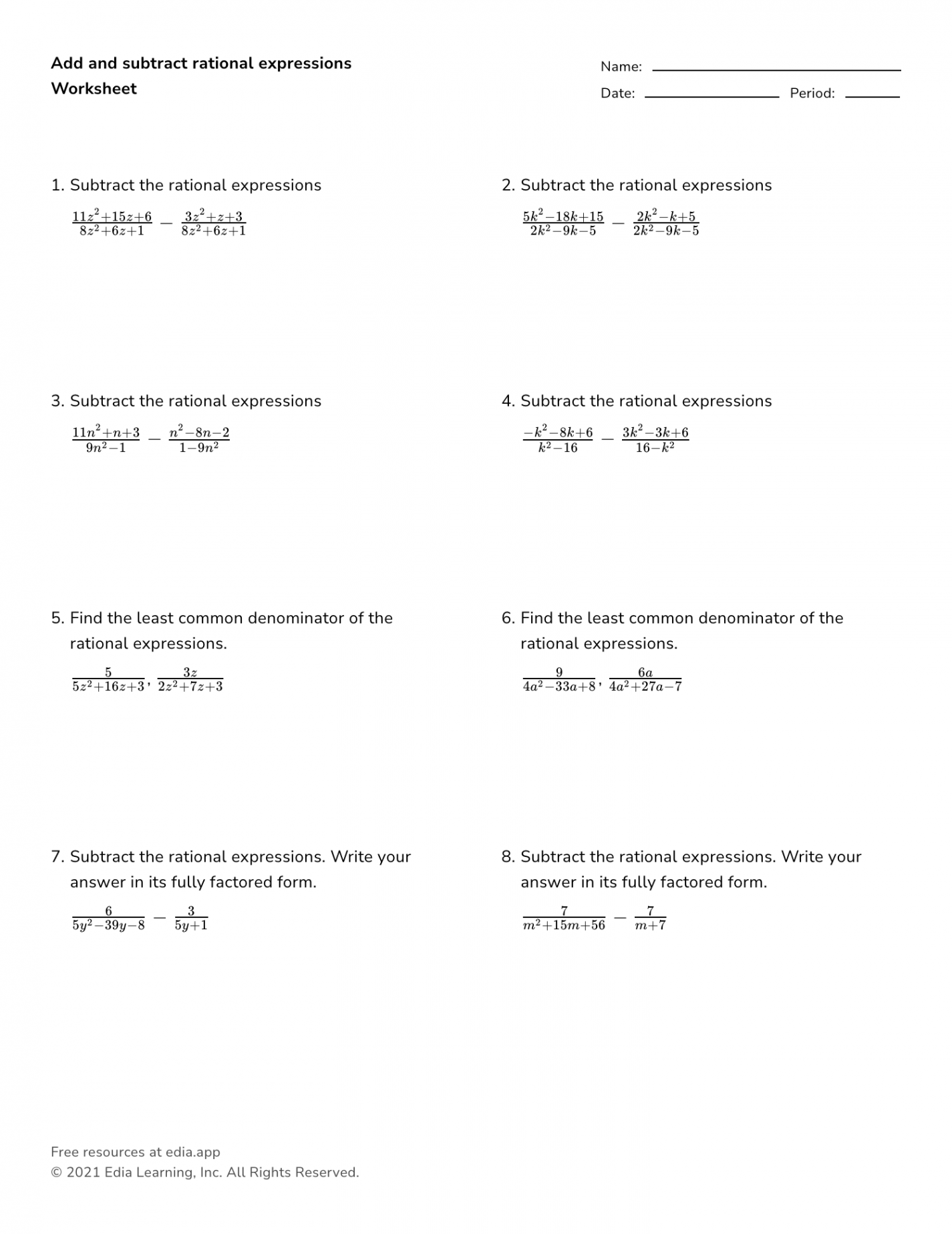 Add And Subtract Rational Expressions - Worksheet