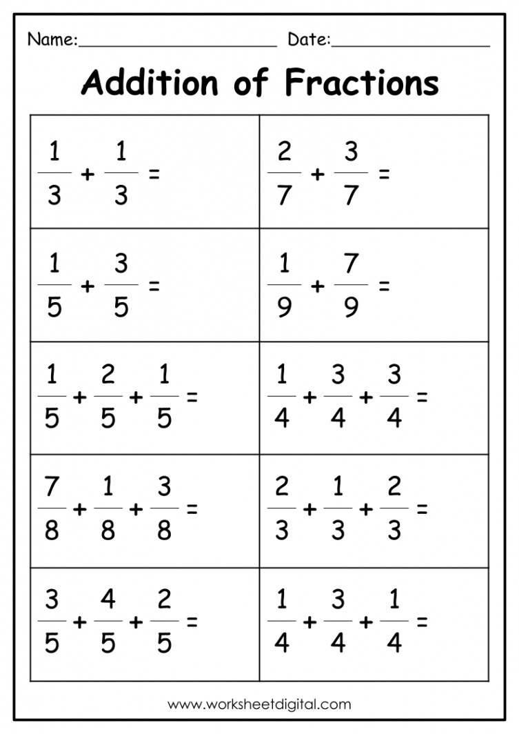 Addition of Fractions Grade  - Worksheet Digital