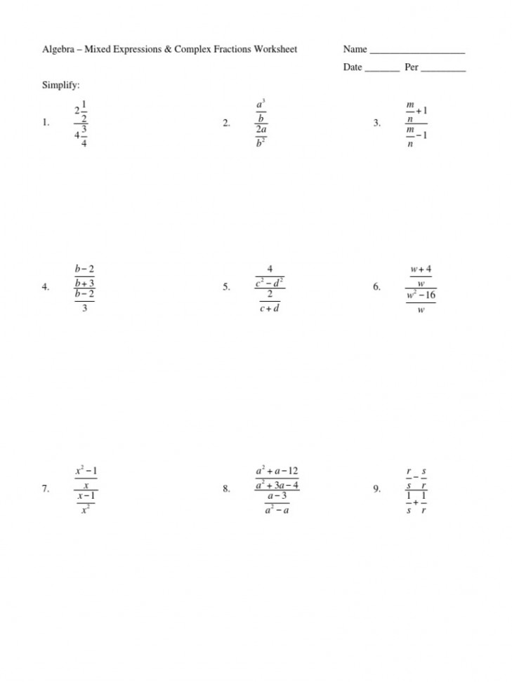 Alg - Mixed Expressions & Complex Fractions Worksheet  PDF