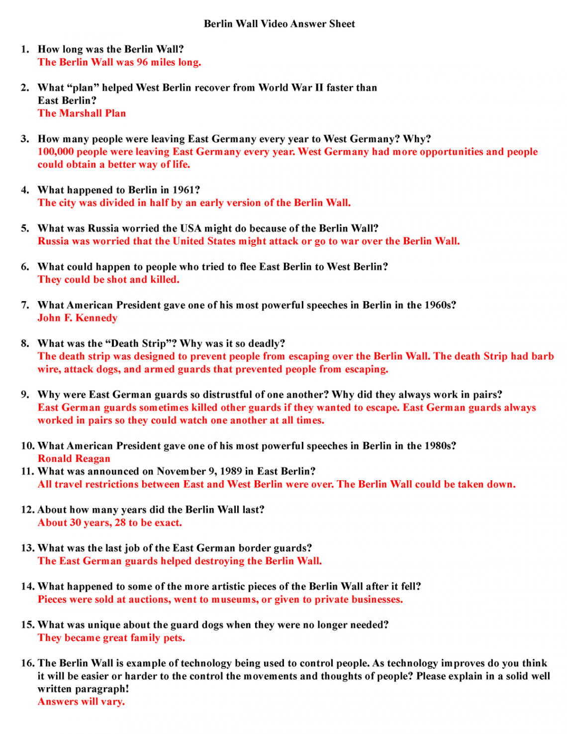 Berlin Wall Video Answer Sheet - What “plan” helped West Berlin