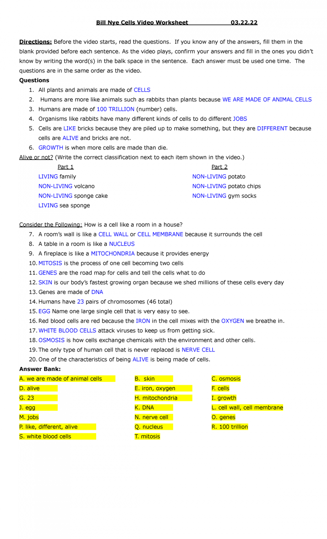 Bill Nye cells video worksheet Answers - Bill Nye Cells Video