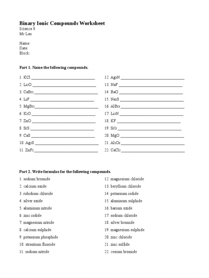 Binary Ionic Compounds Worksheet: Part