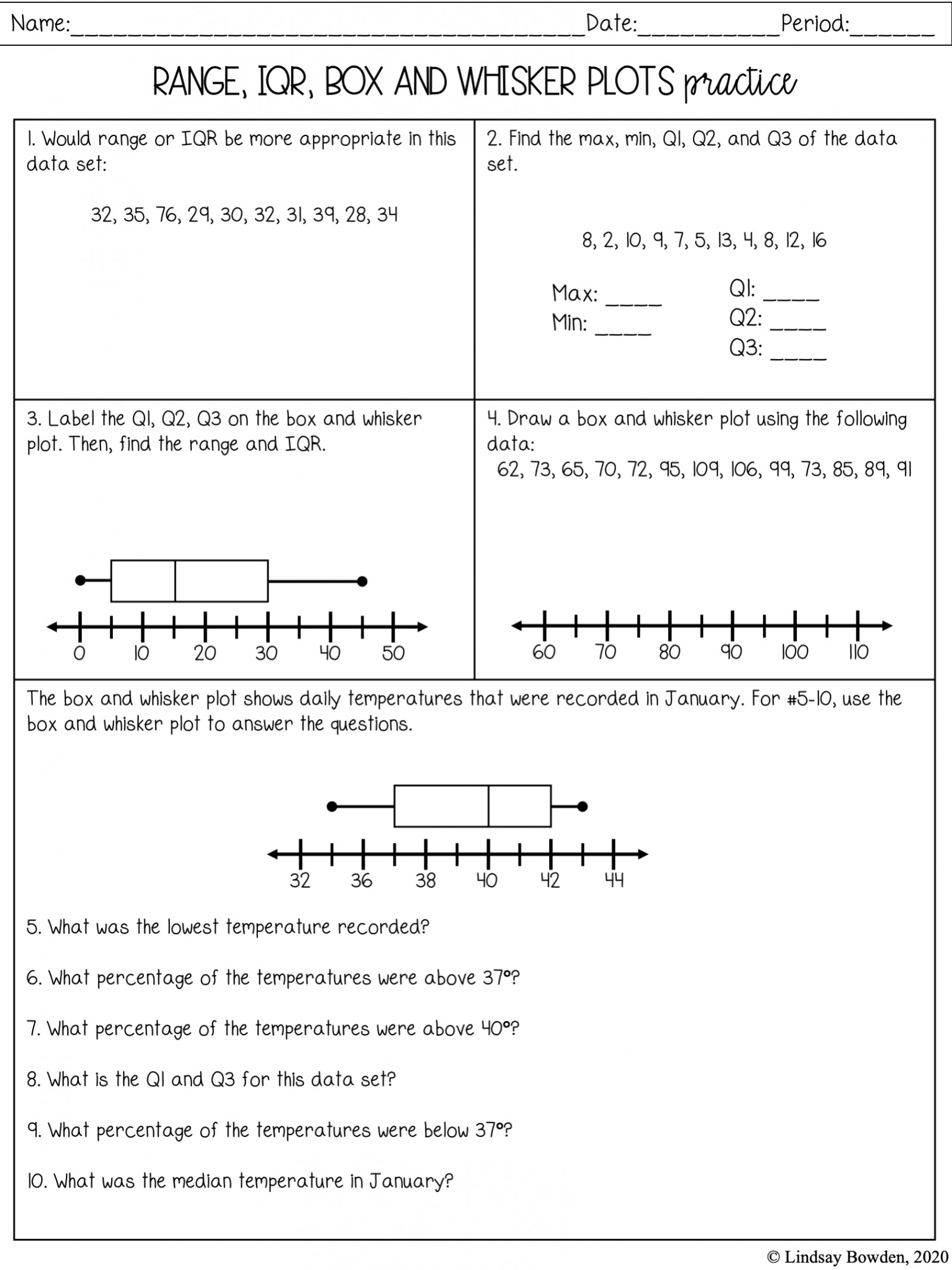 Box and Whisker Plots Notes and Worksheets - Lindsay Bowden