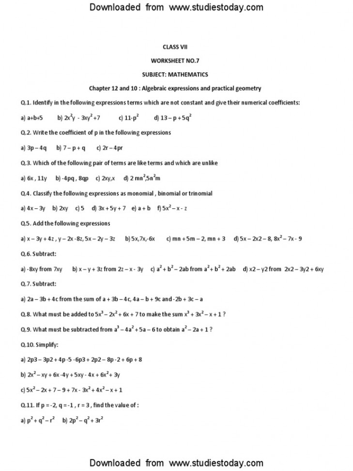 CBSE Class  Maths Worksheet - Algebraic Expression  PDF