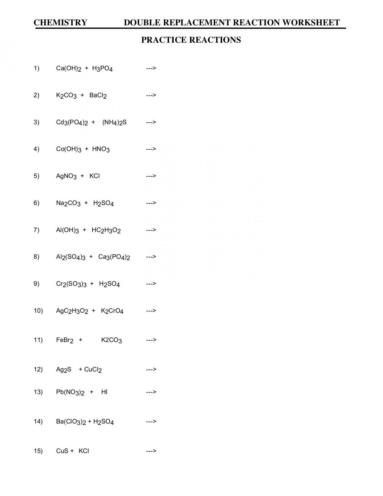 CHEMISTRY DOUBLE REPLACEMENT REACTION WORKSHEET