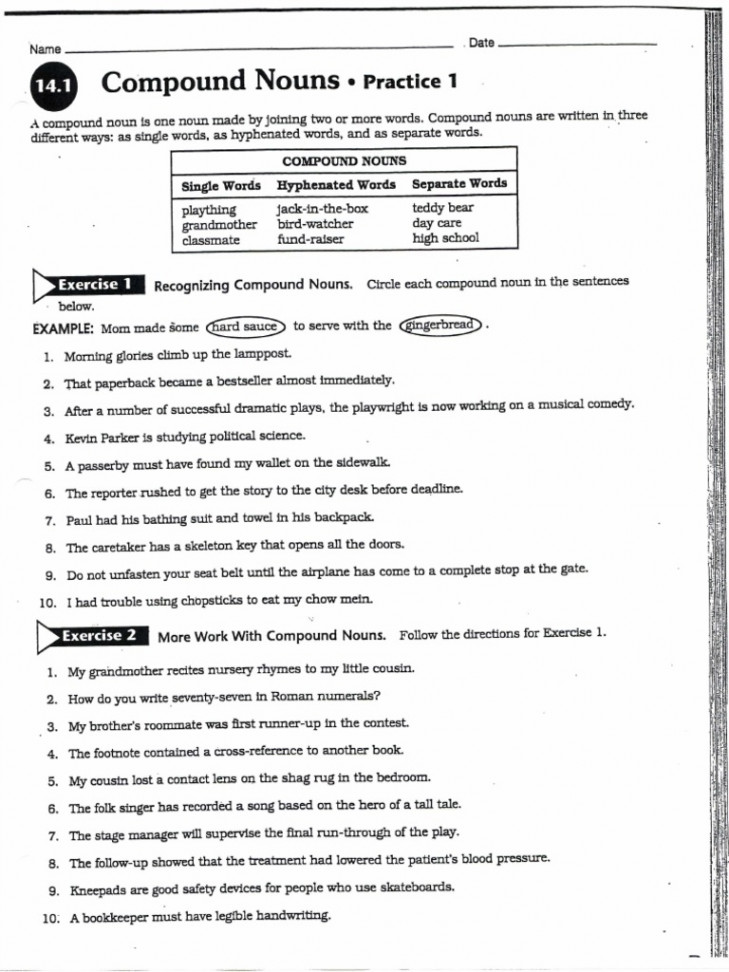 Compound Nouns Grammar Exercise Workbook PRENTICE HALL  PDF