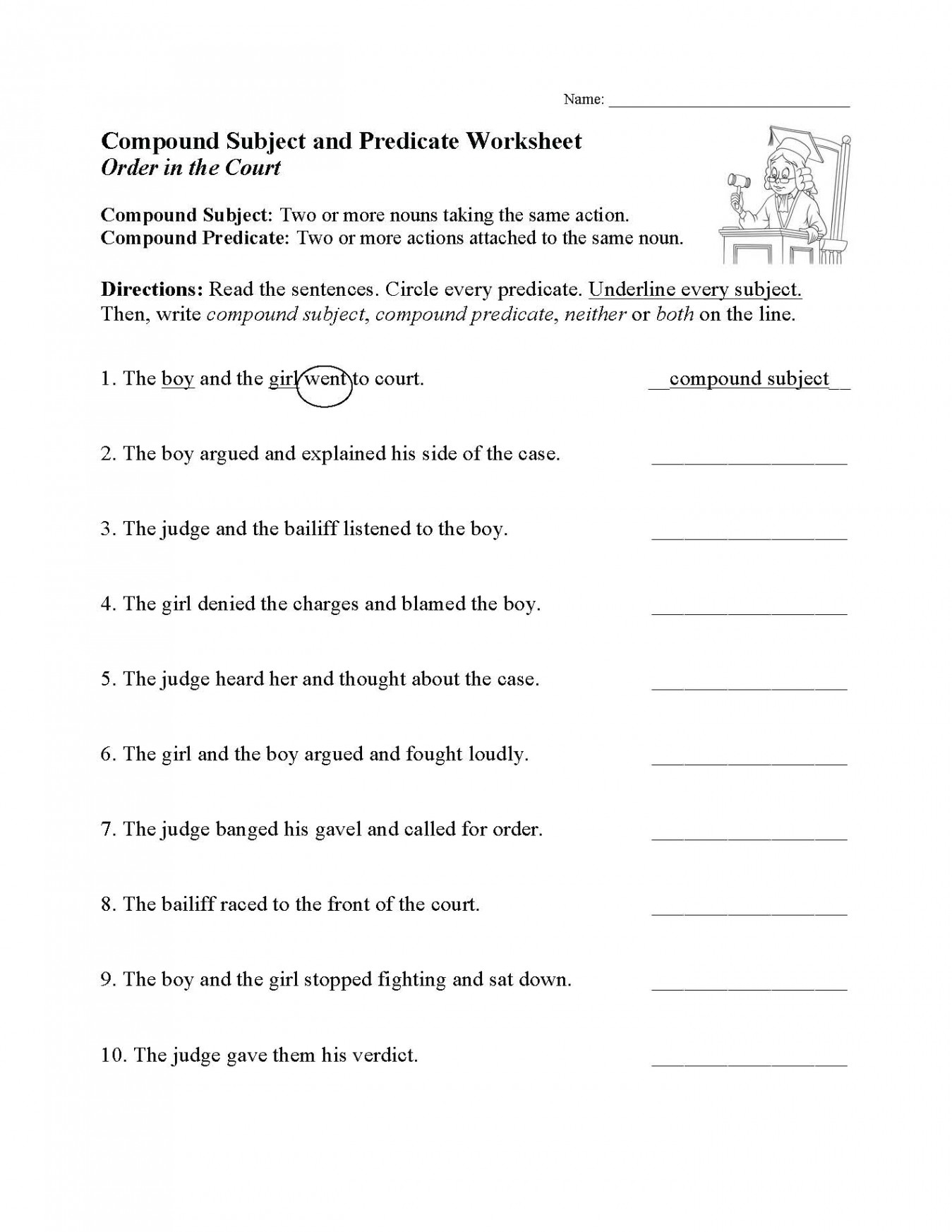 Compound Subject and Predicate Worksheet  Sentence Structure Activity