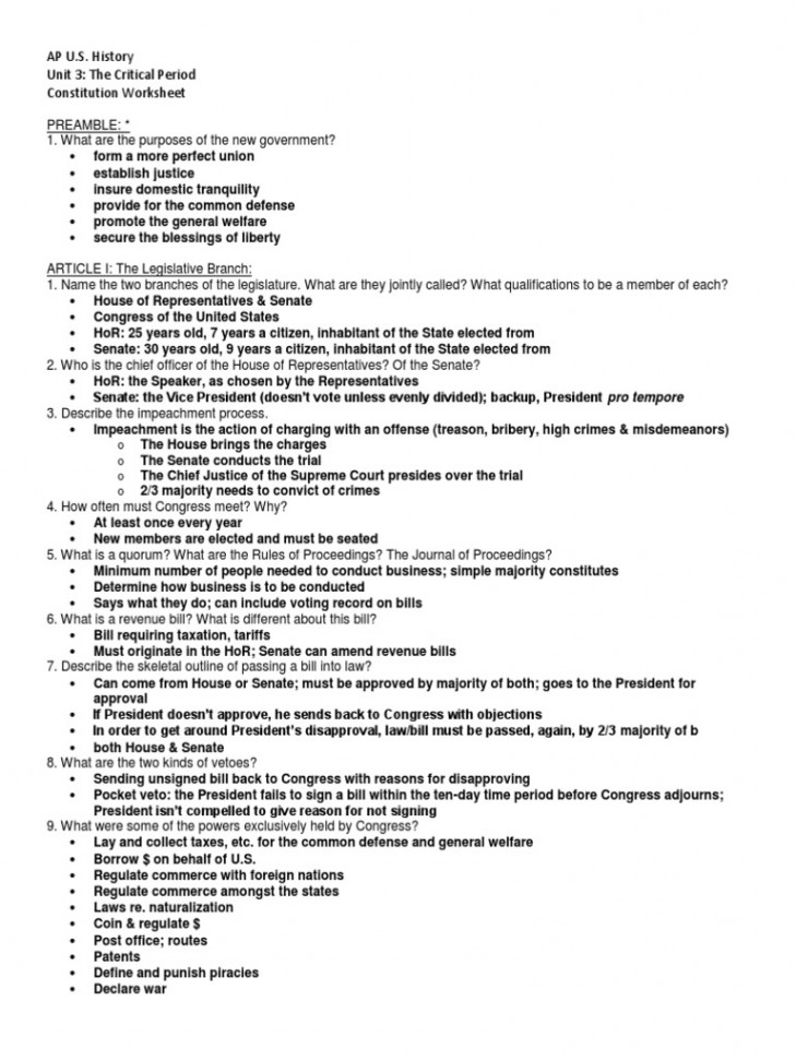 Constitution Worksheet Answers  PDF  Article One Of The United