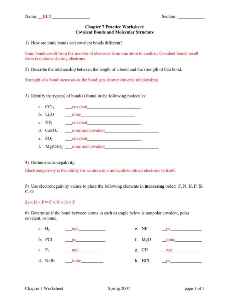 Covalent Bonding Worksheet Answer Key Chemistry Worksheet Covalent