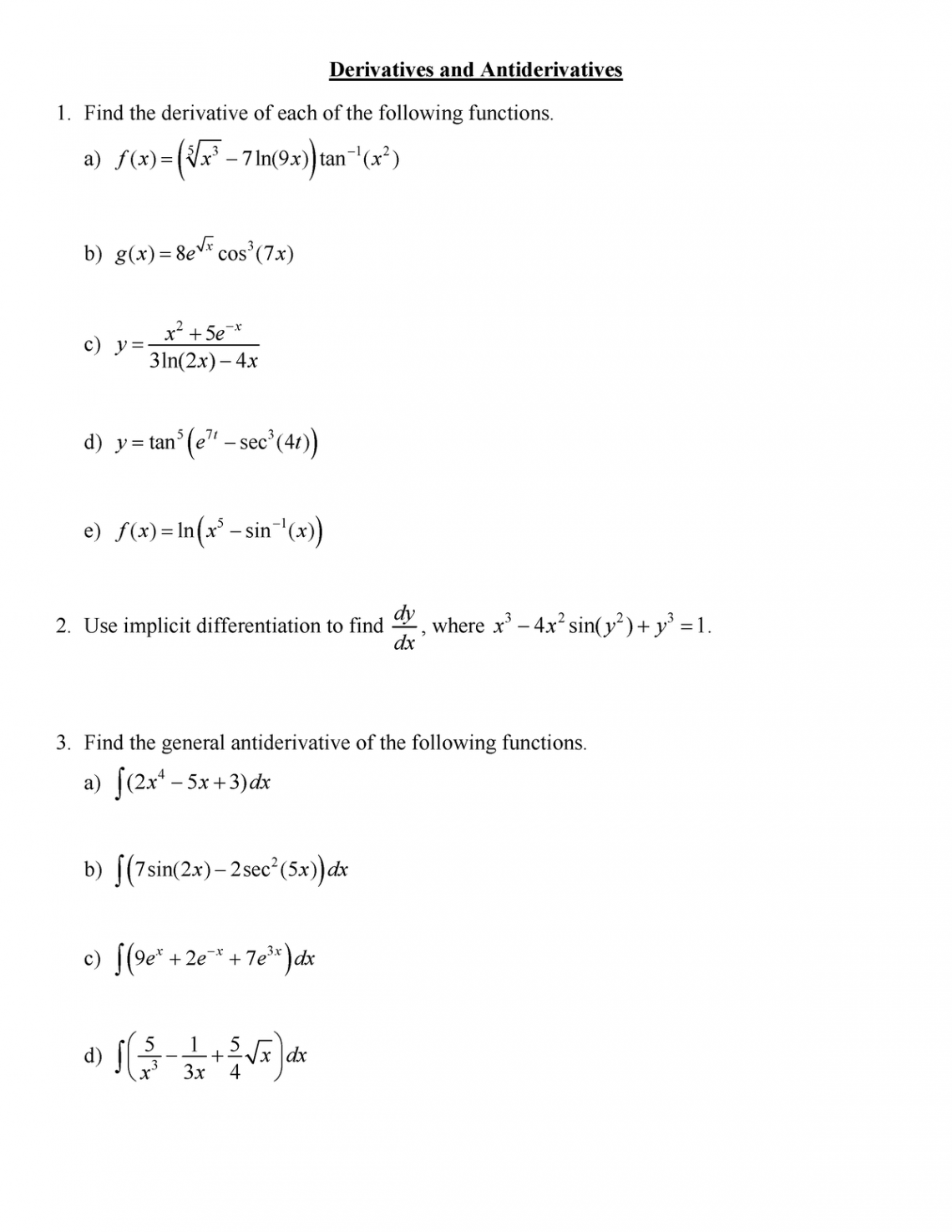 Derivatives and Antiderivatives Worksheet - Derivatives and