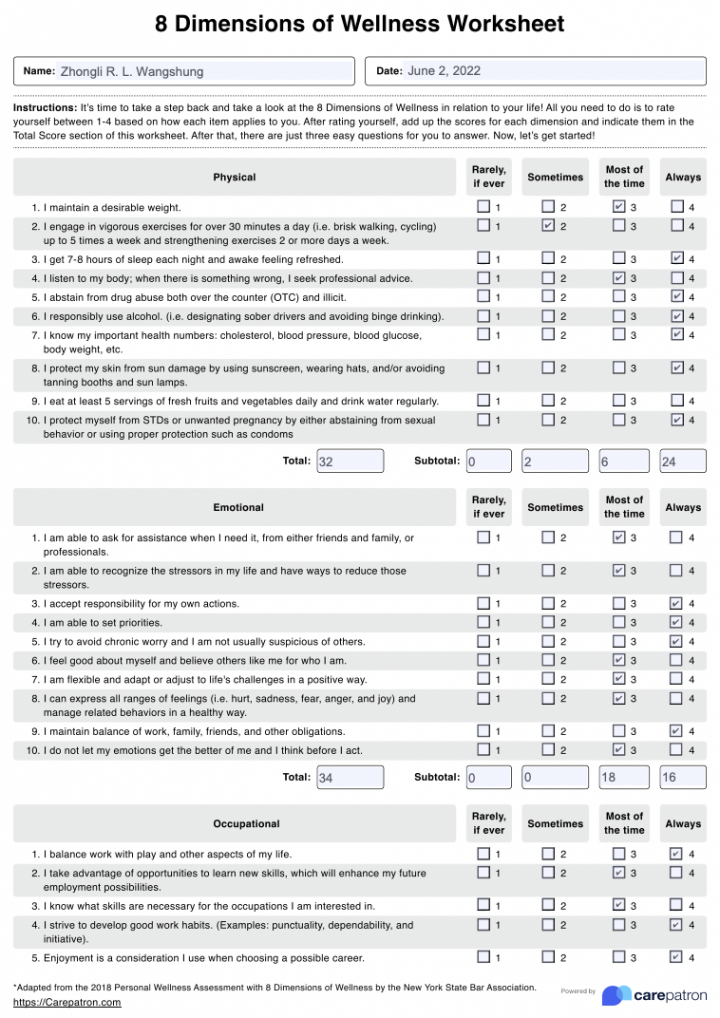 Dimensions of Wellness Worksheet & Example  Free PDF Download