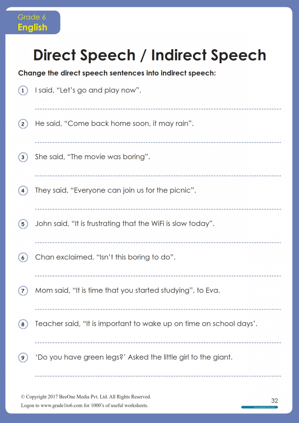 Direct and Indirect Speech worksheet  Gradeto