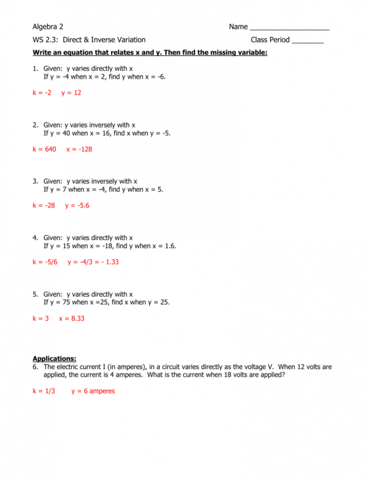 Direct Variation Worksheet With Answers  Word problem worksheets