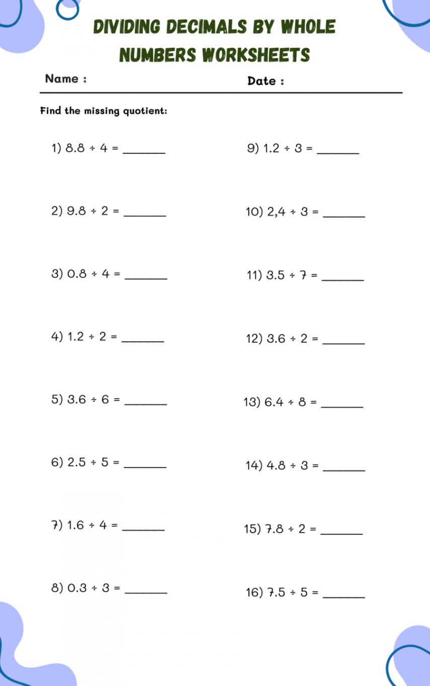 Dividing Decimals By Whole Numbers Worksheets  WorksheetsGO