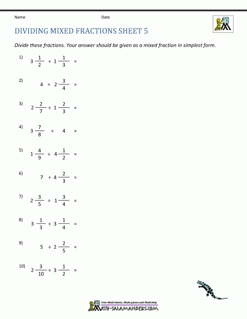 Dividing Mixed Fractions Worksheet