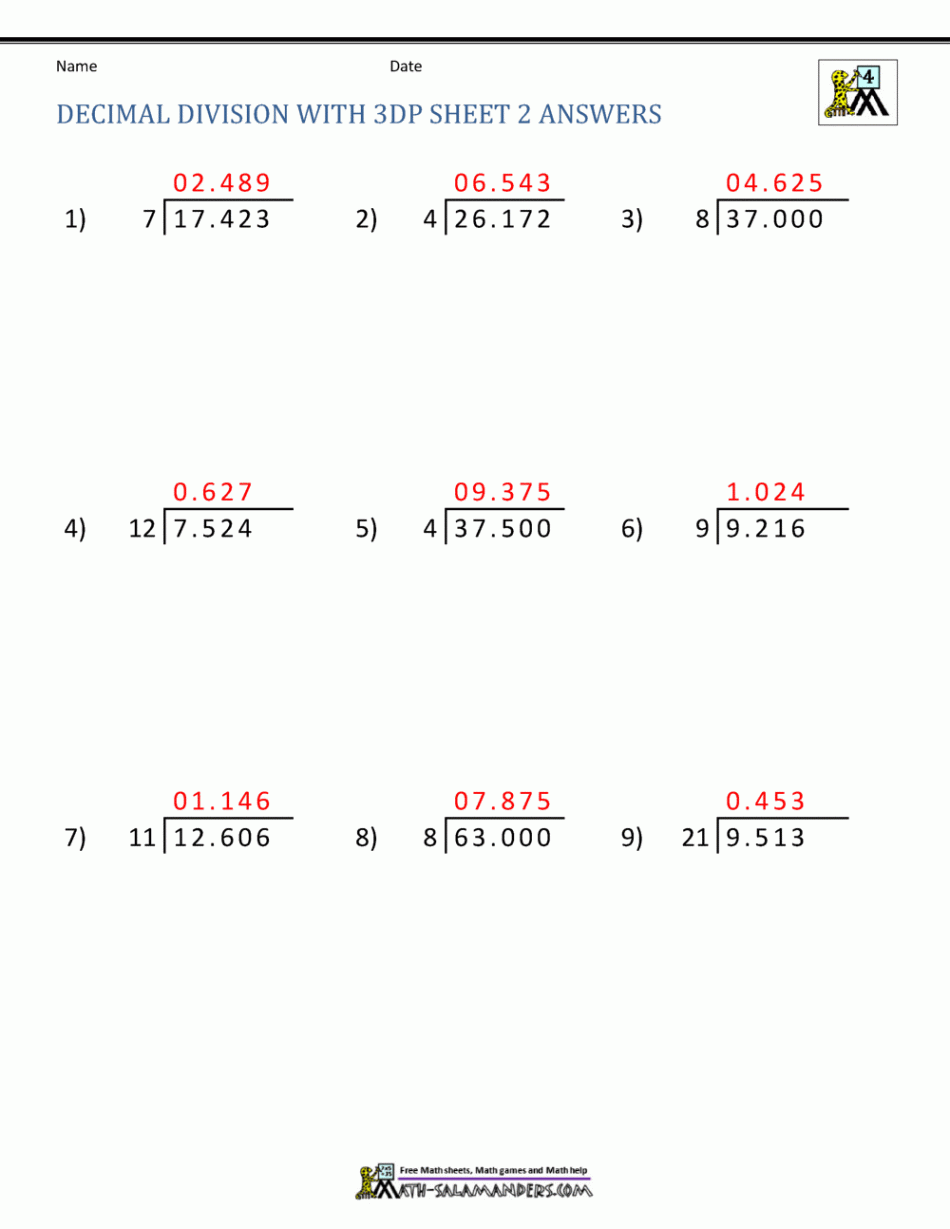 Division of Decimal Numbers Worksheets