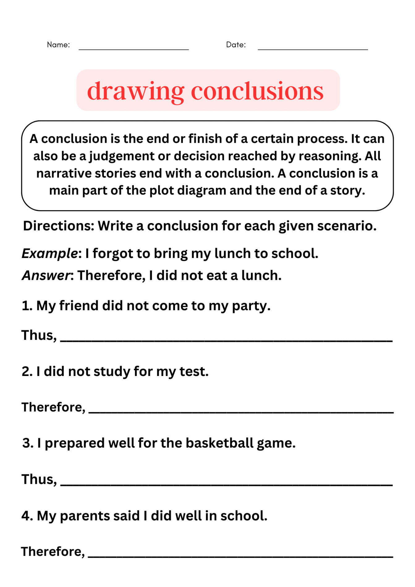 drawing conclusions examples with answers - Writing Conclusion worksheet