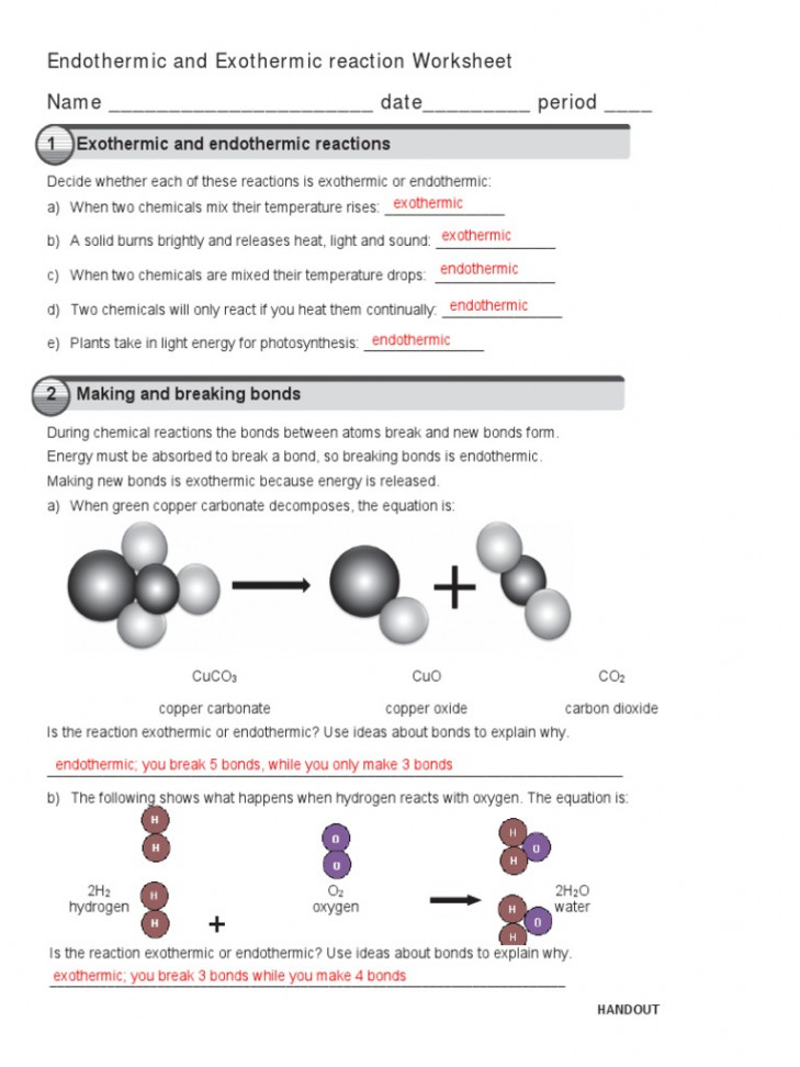 Endothermic and Exothermic Reaction Worksheet Key  PDF  Chemical