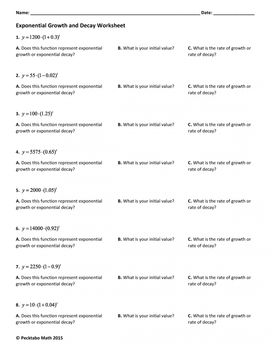 Exponential growth decay extra practice w- answers - Name: - Studocu