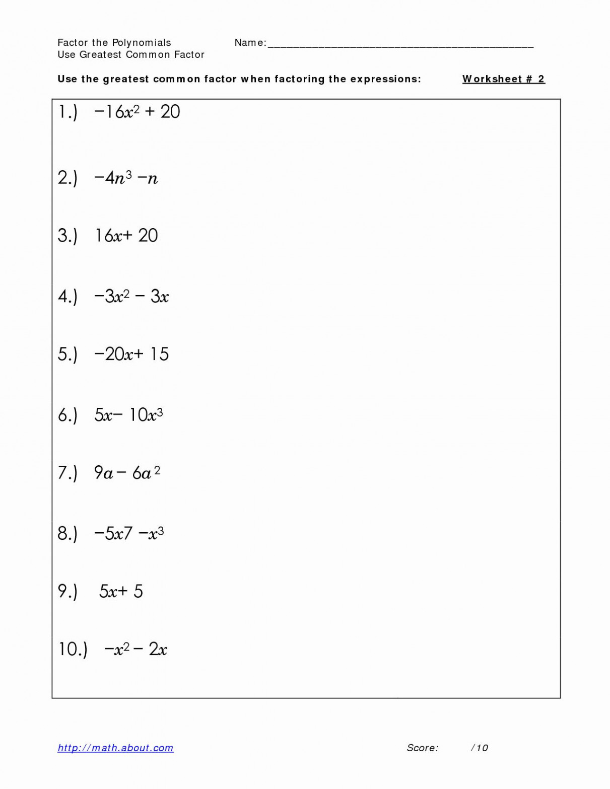 Factoring Greatest Common Factor Worksheet Unique  Best Of