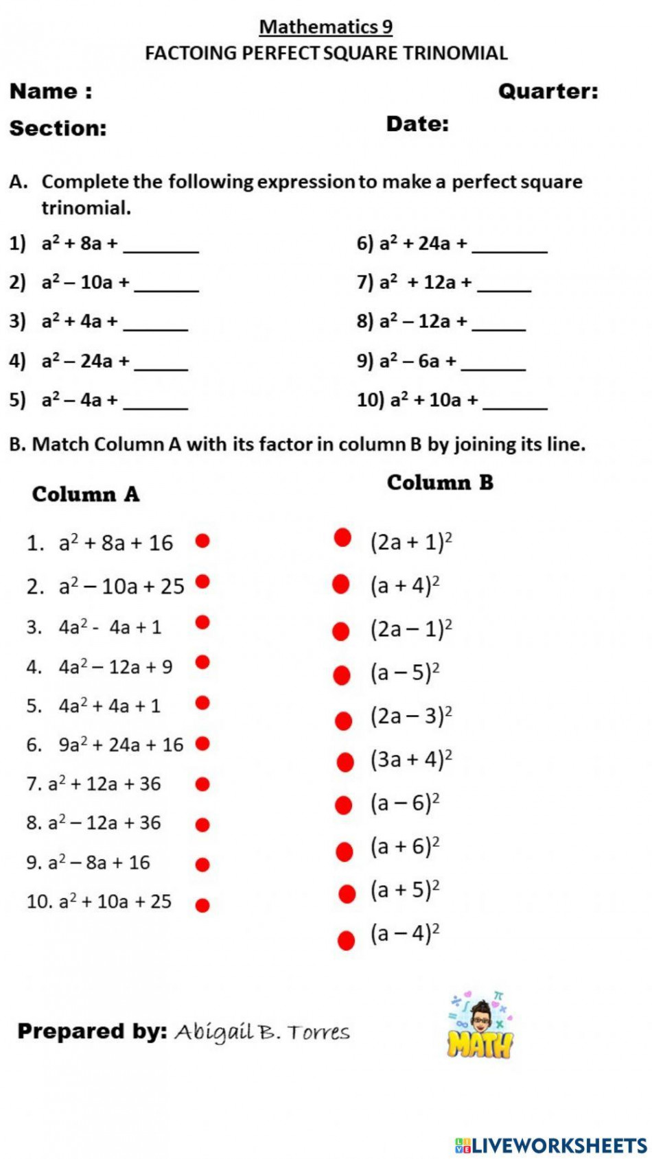 Factoring perfect trinomial worksheet  Live Worksheets