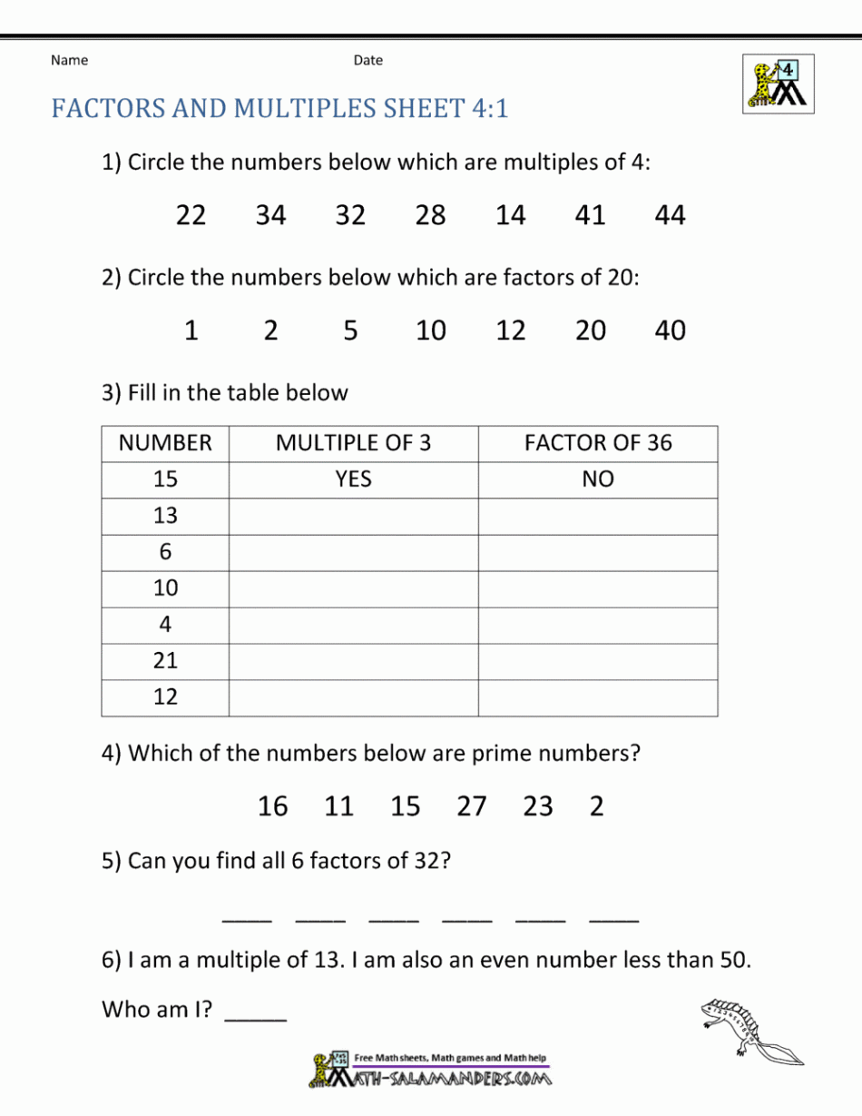 Factors and Multiples Worksheet