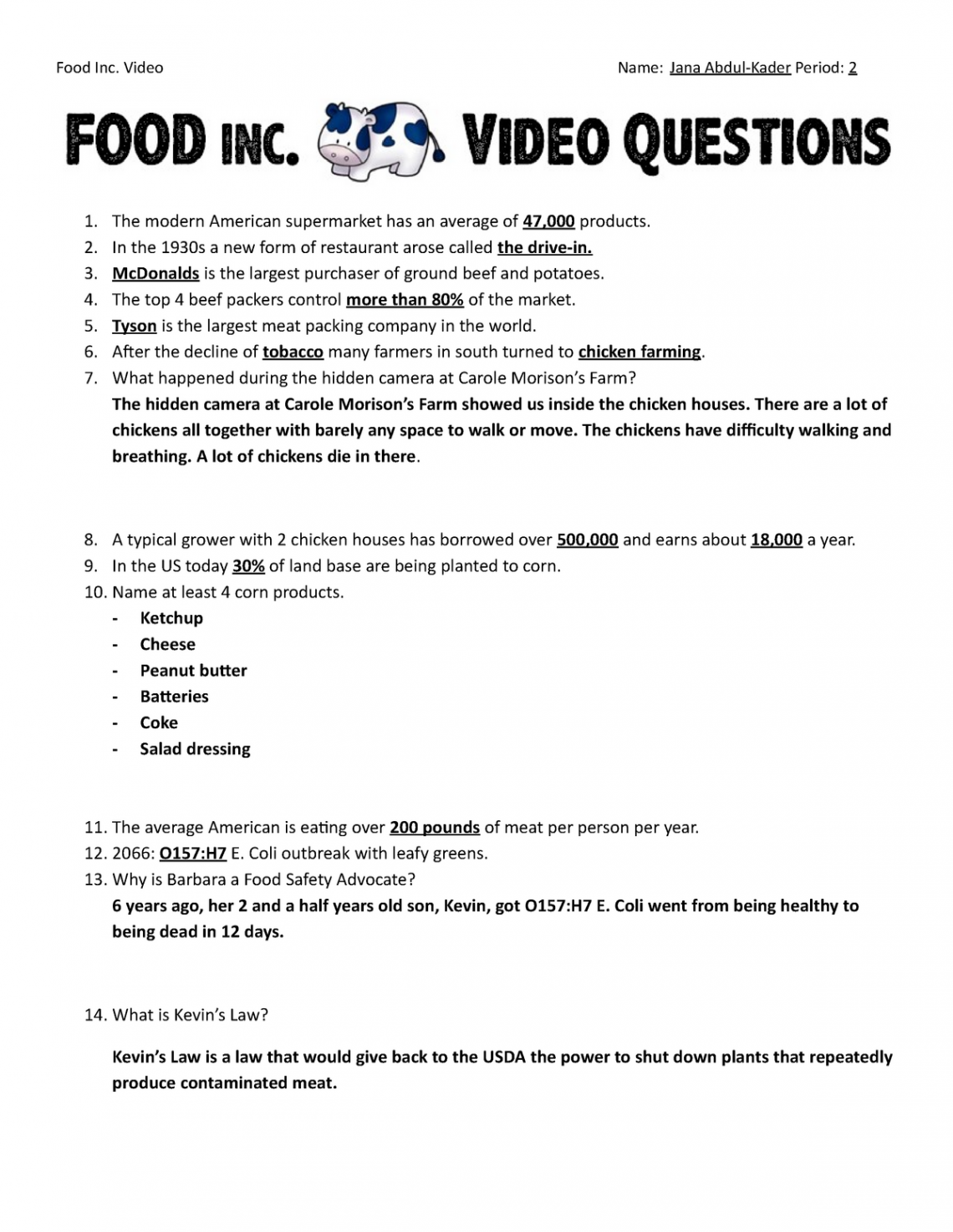 Food Inc Worksheet - Food Inc movie questions and answers