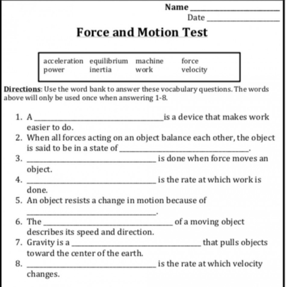 Force and Motion  Live Worksheets