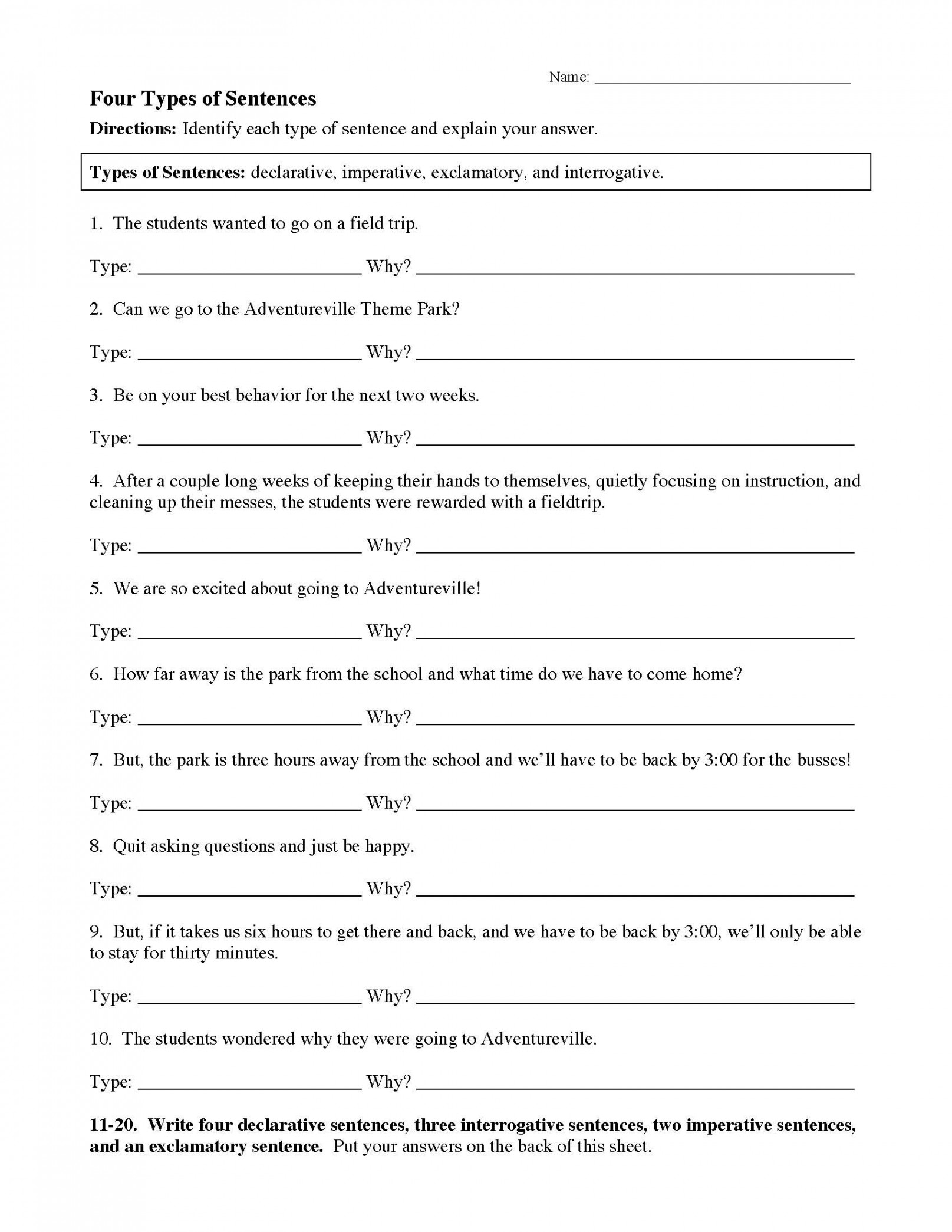 Four Types of Sentences Worksheet  Sentence Structure Activity