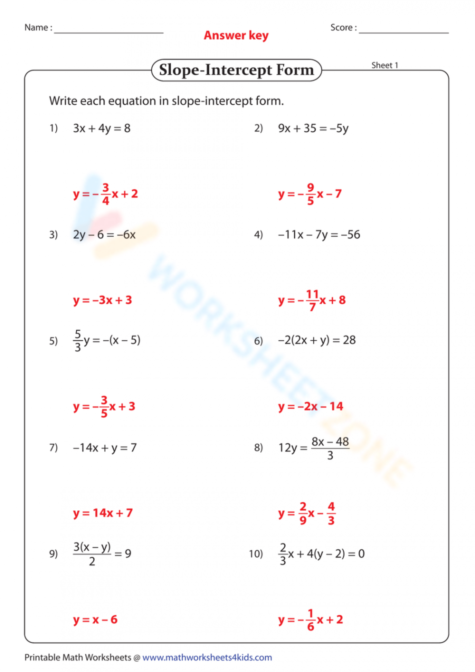 Free Answer Key Slope Intercept Form Worksheet Collection