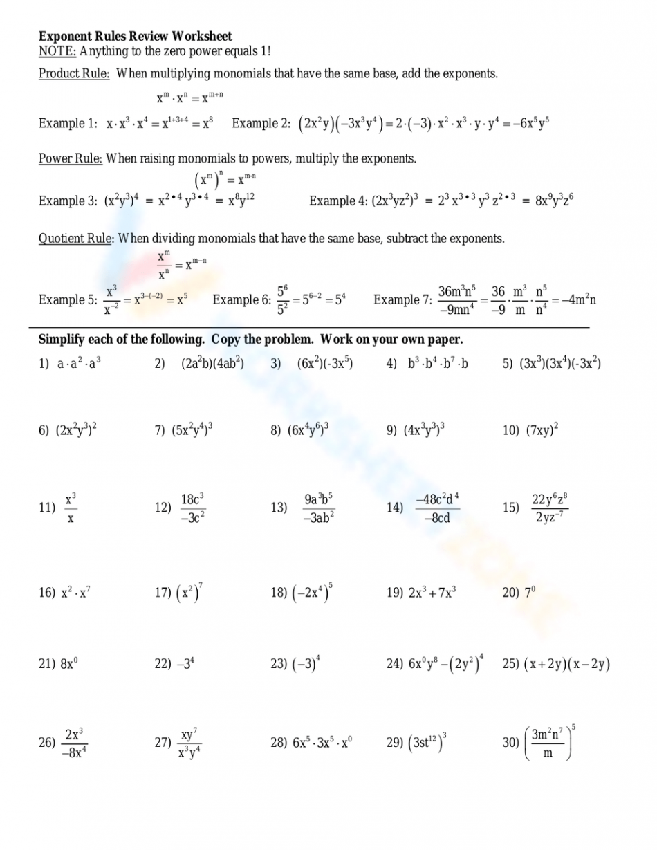 Free Exponent Rules Review Worksheet Collection for Kids