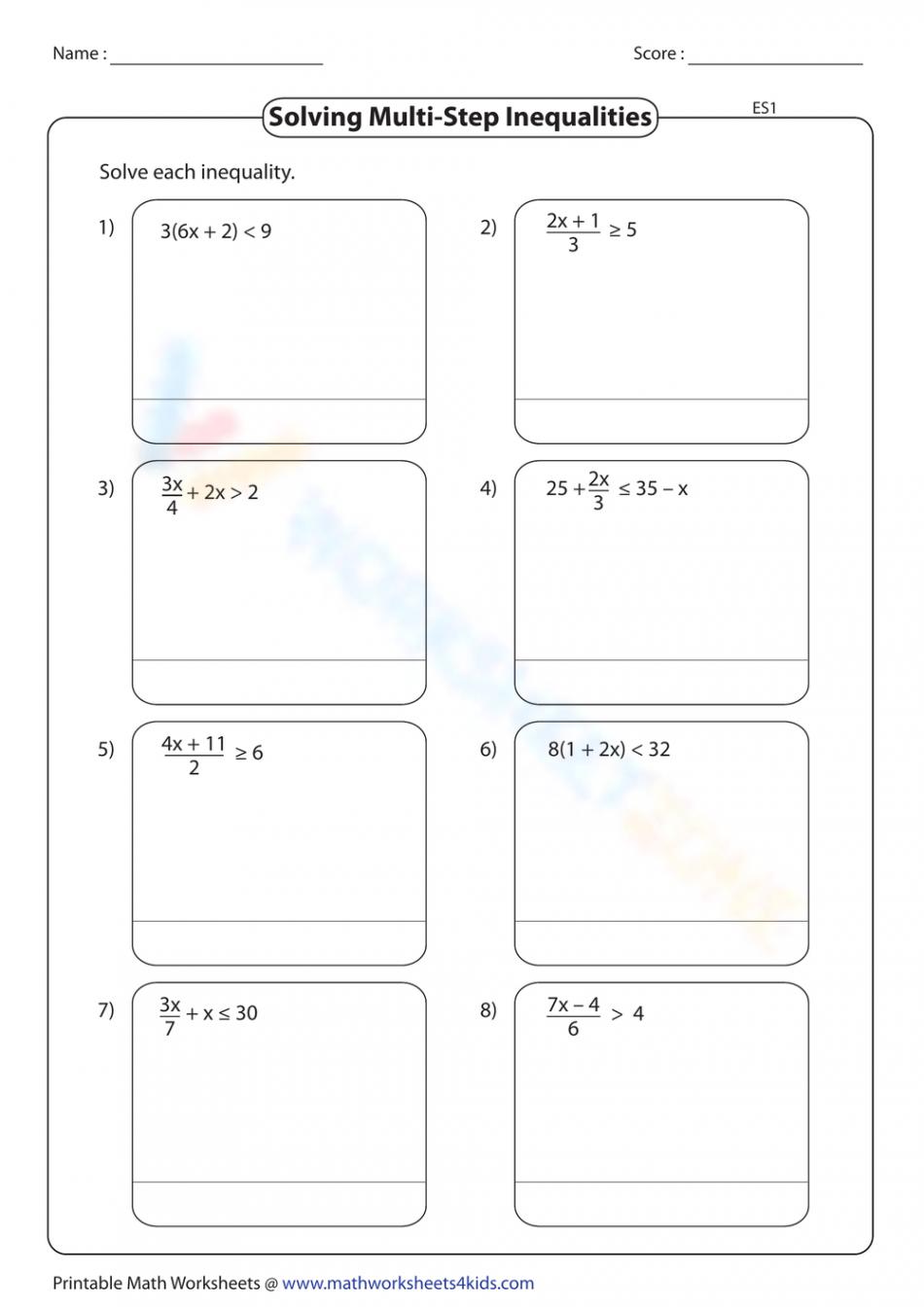 Free Multi-step Inequalities Worksheets for Students