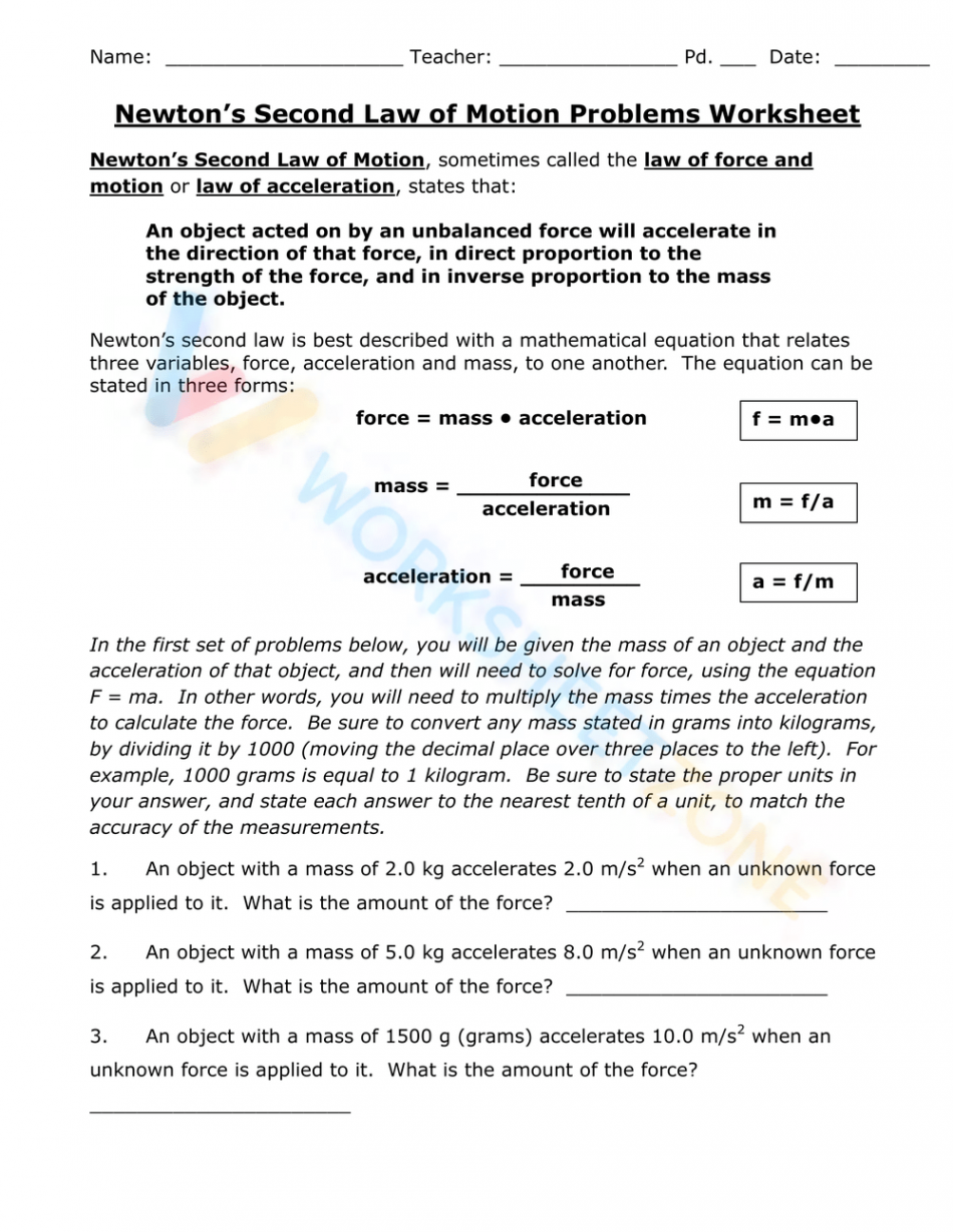 Free Newton Second Law of Motion Problems Worksheets