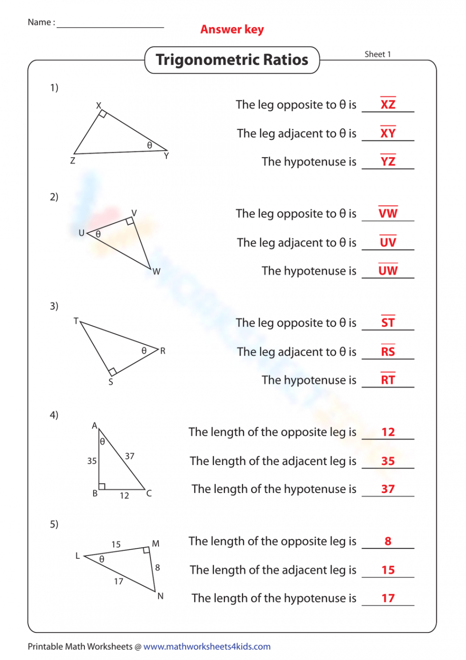 Free Printable Trigonometric Ratios Worksheet Answers