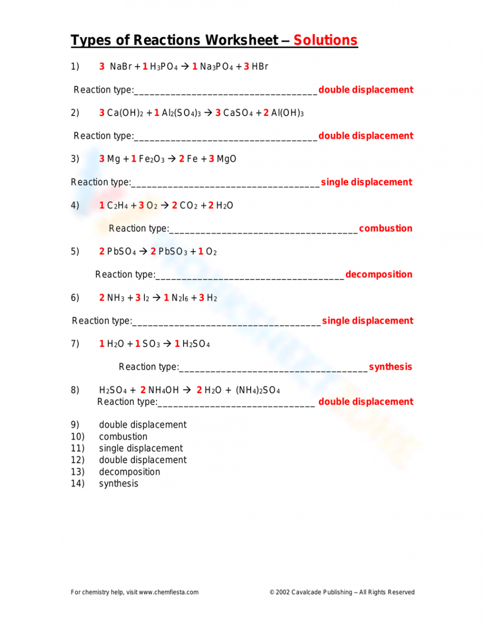 Free Printable Types of Reaction Worksheet Answers