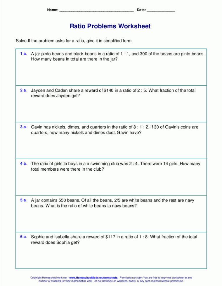 Free worksheets for ratio word problems