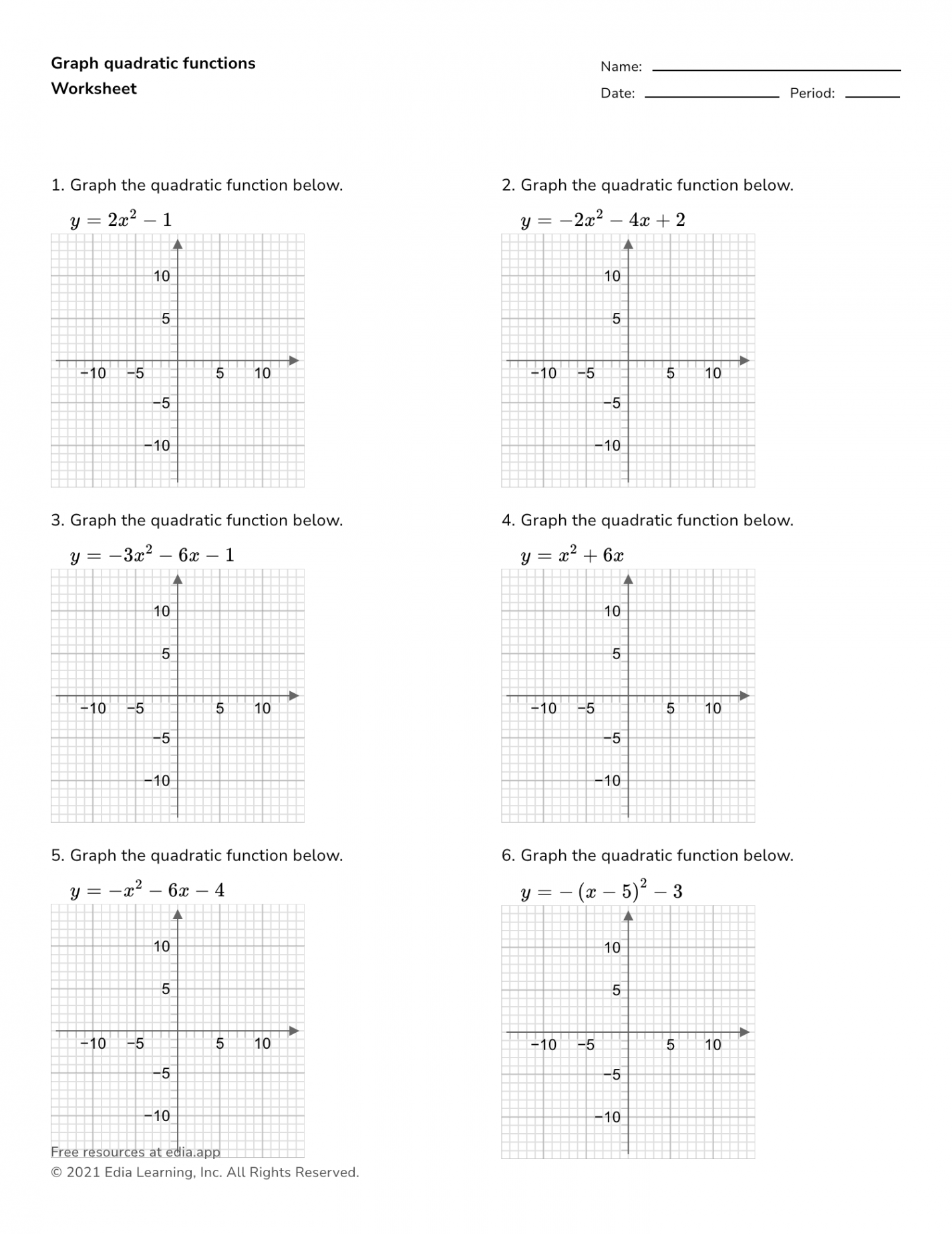 Graph Quadratic Functions - Worksheet