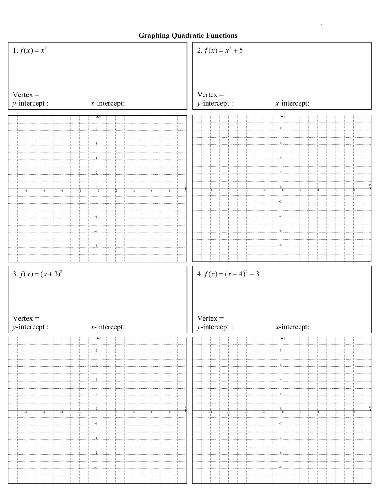 Graphing Quadratic Functions Worksheet