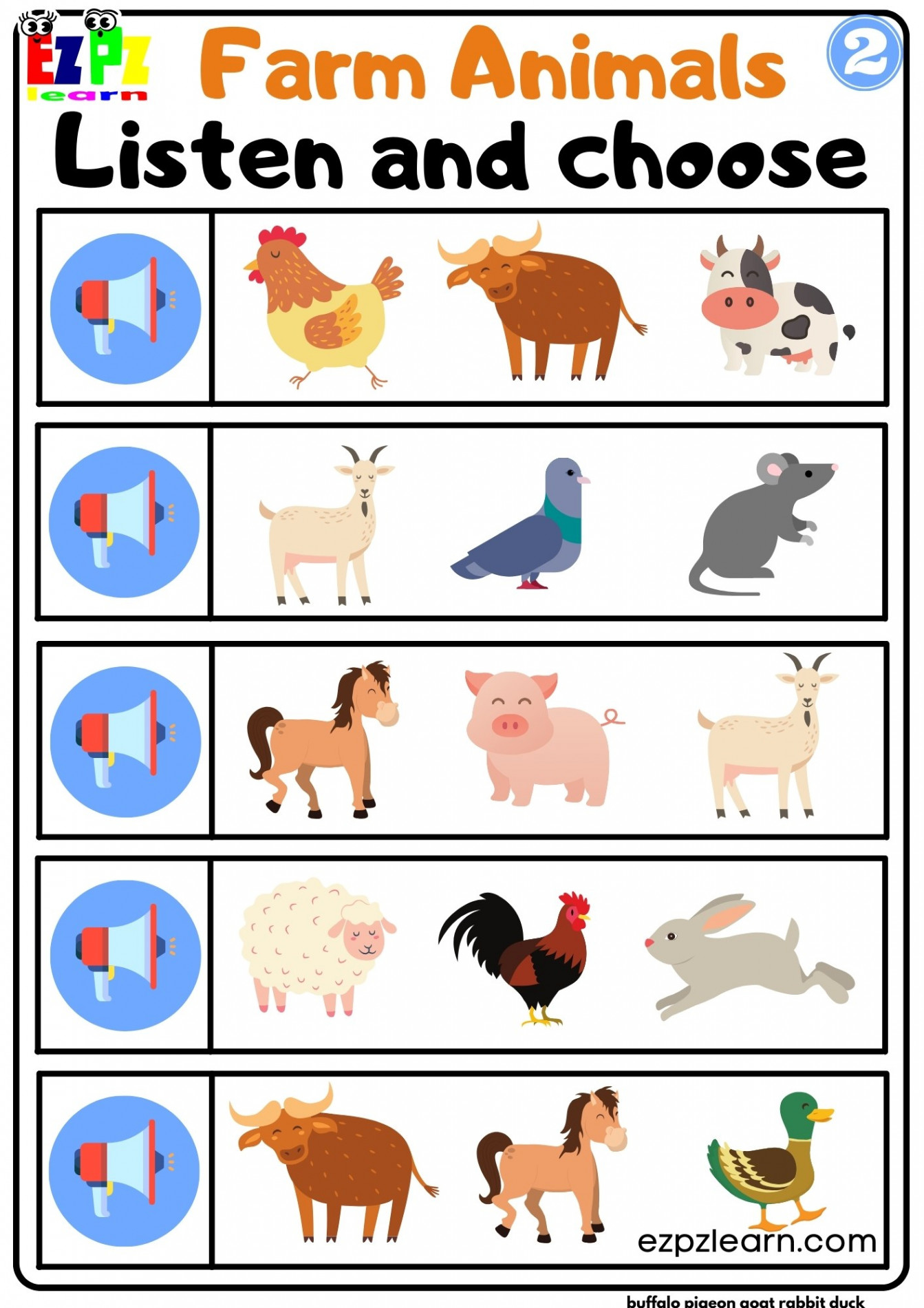 Interactive Worksheet for Farm Animals Listen and Choose Worksheet