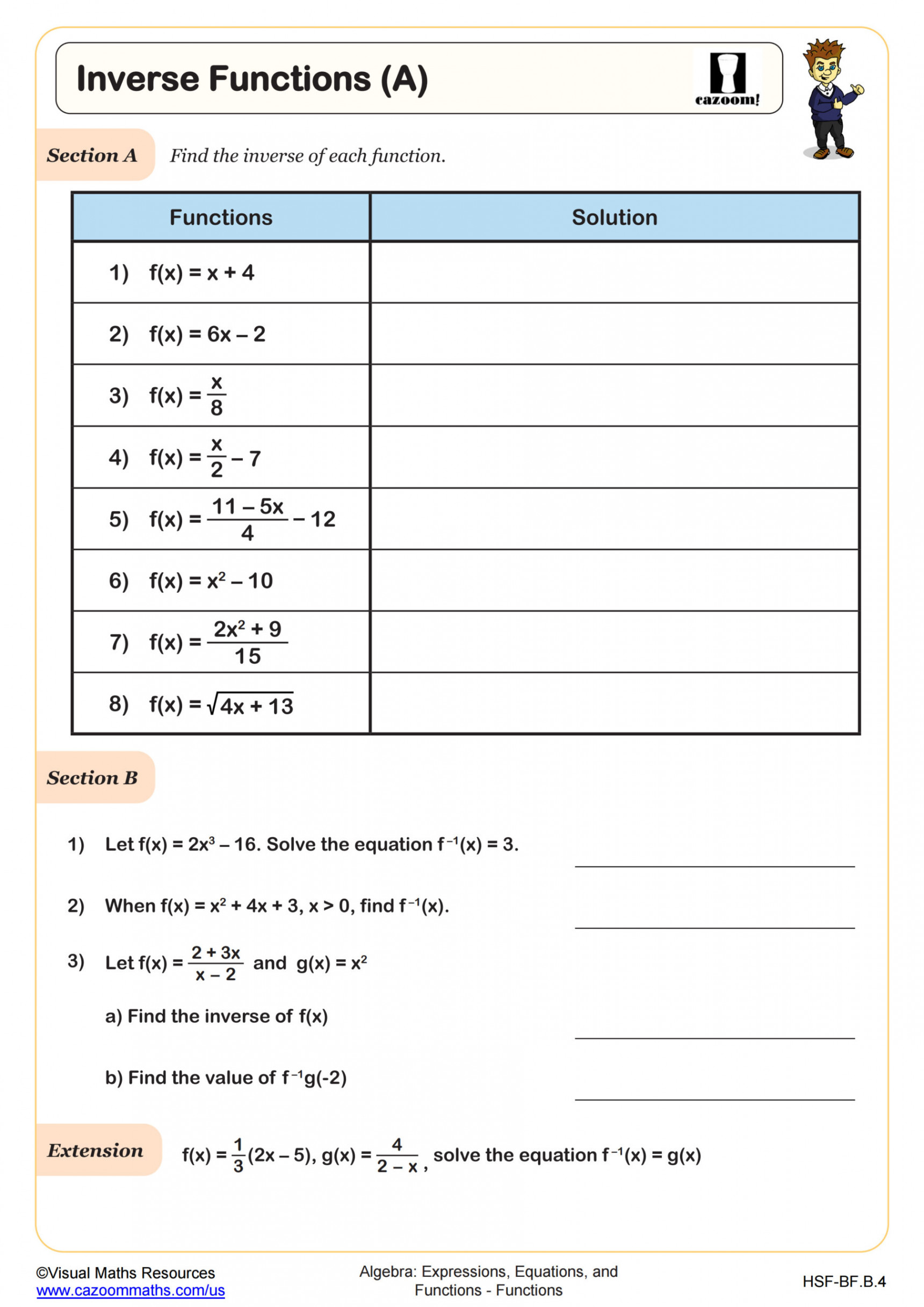 Inverse Functions (A) Worksheet  Fun and Engaging Algebra II PDF