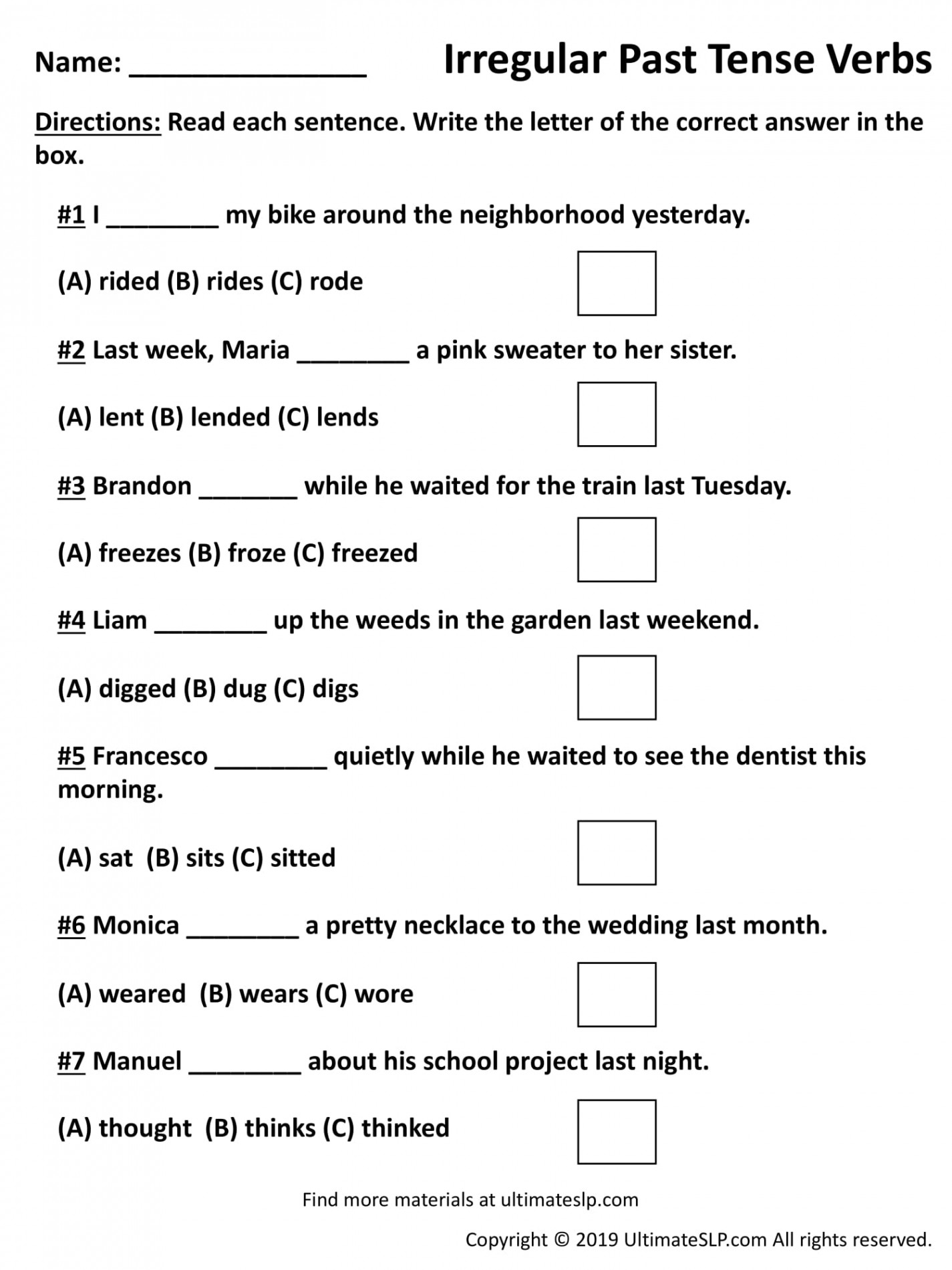 Irregular Past Tense Verbs Worksheet - Ultimate SLP