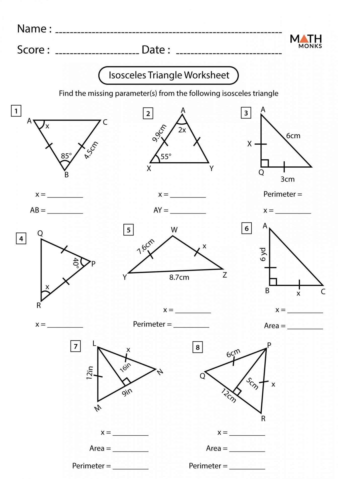 Isosceles and Equilateral Triangles Worksheets - Math Monks