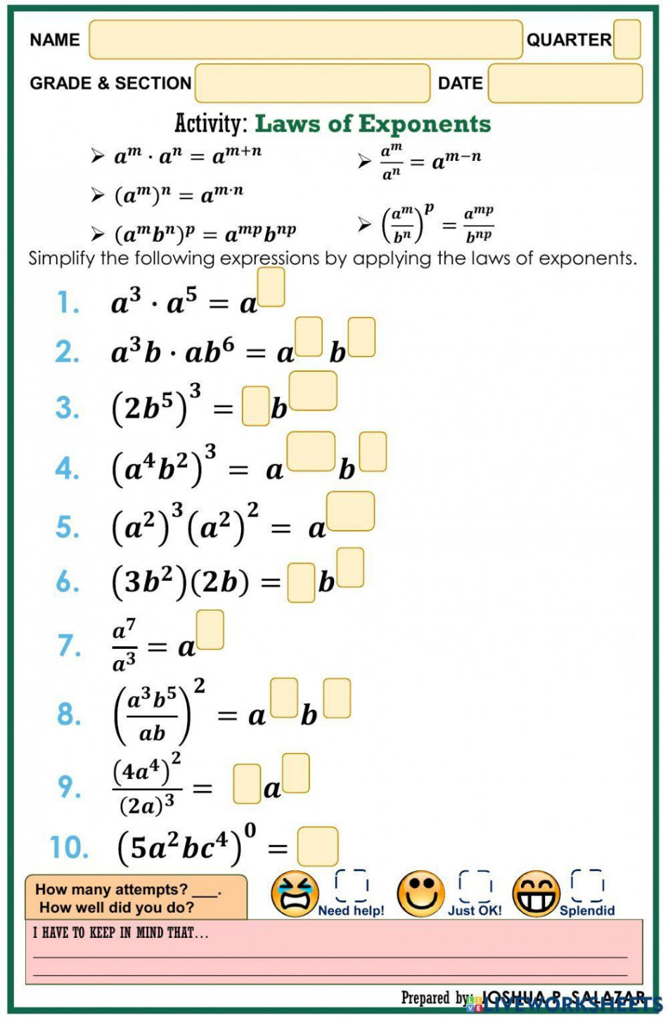 Laws of Exponents exercise for   Live Worksheets