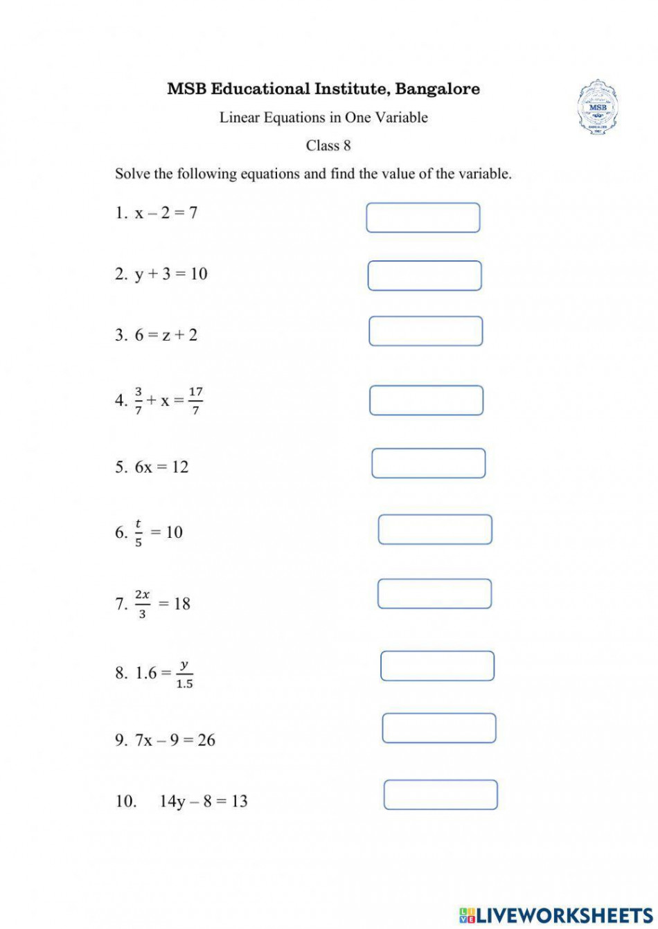 Linear Equations in One Variable online worksheet  Live Worksheets