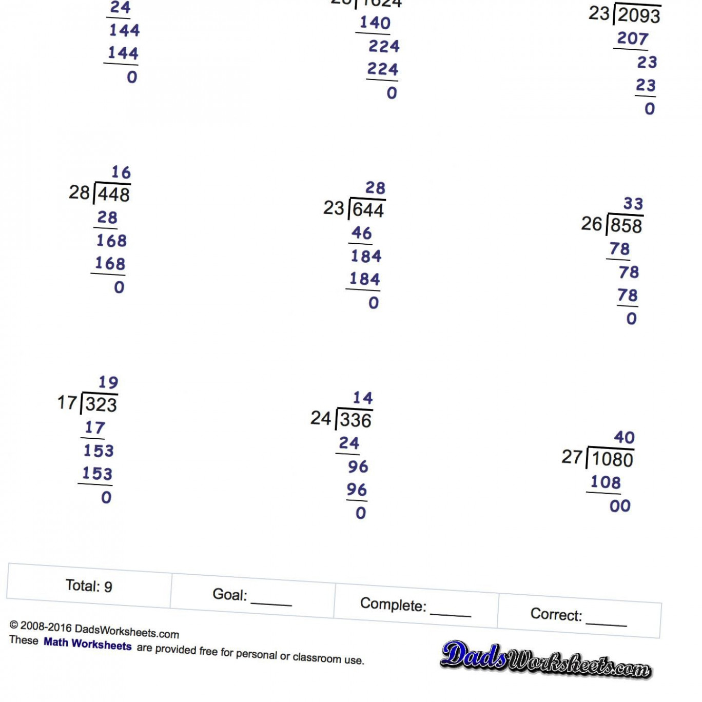 Long Division Worksheets, printable with answer keys that show all