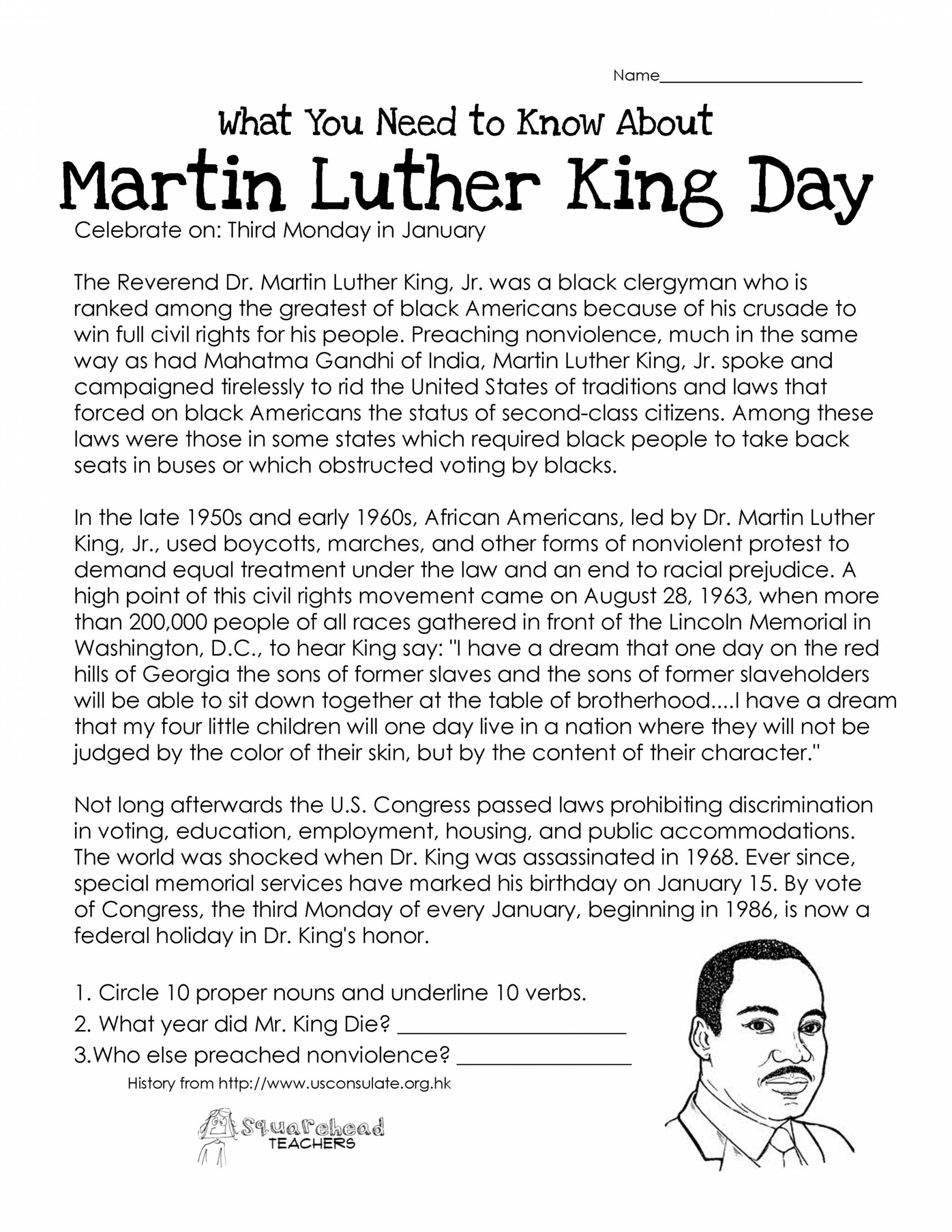 Martin Luther King Day (free worksheet)  Squarehead Teachers