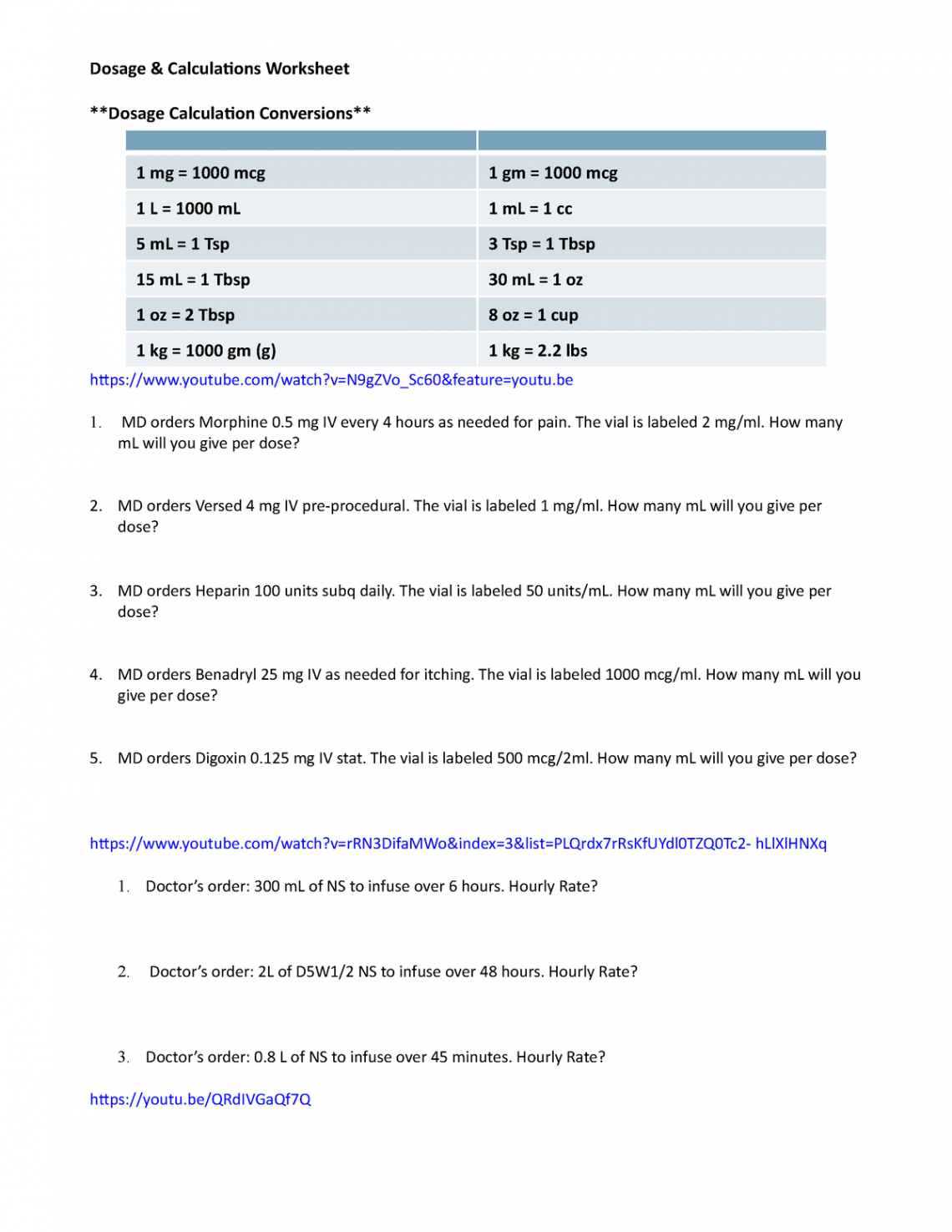 Med Math Worksheet - sample med math - Dosage &amp; Calculations