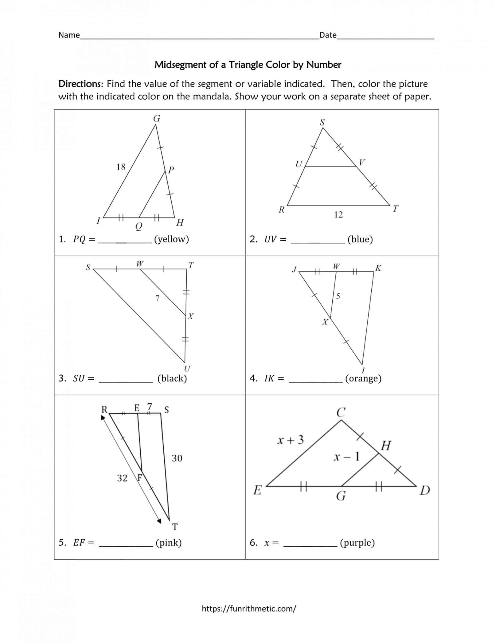 Midsegment of a Triangle Color by Number