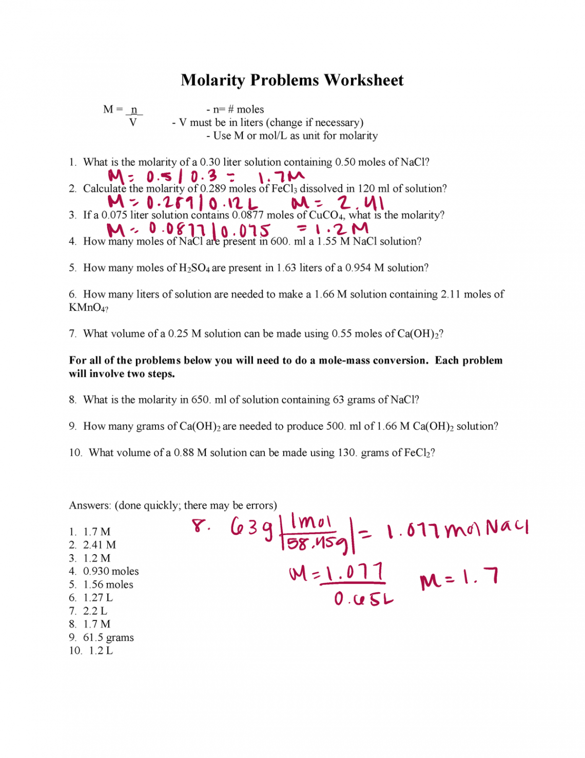 Molarity and dilution worksheets  - Molarity Problems Worksheet M