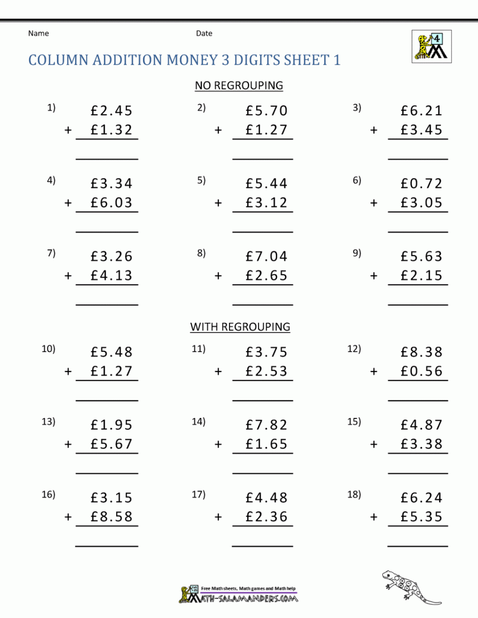 Money Addition Worksheets UK Money